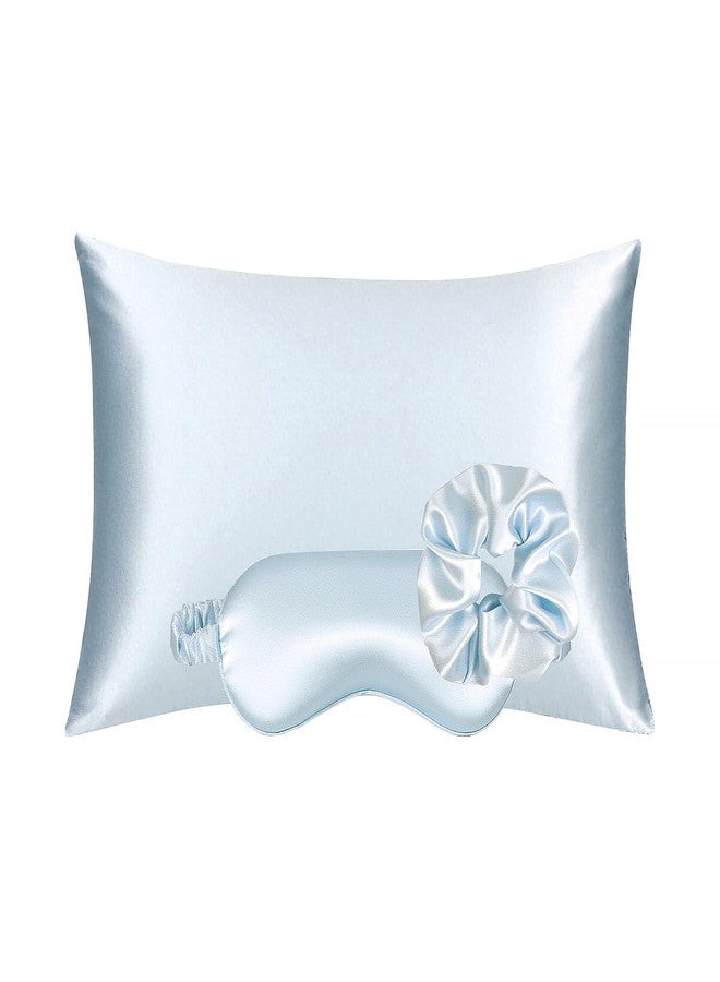 KISMETICS - Vegan Silk Sleep Set, Vegan Silk Pillowcase with Large Scrunchie and Eye Mask for Hair and Skin, Self Care Essential Satin Night Routine Kit (Light Blue Color) - Image 1